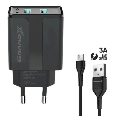 Мережевий зарядний пристрій Grand-X CH-15UMB (5V/2,1A + DC cable 2,4А USB -> Micro USB 1m) Black 414270 фото