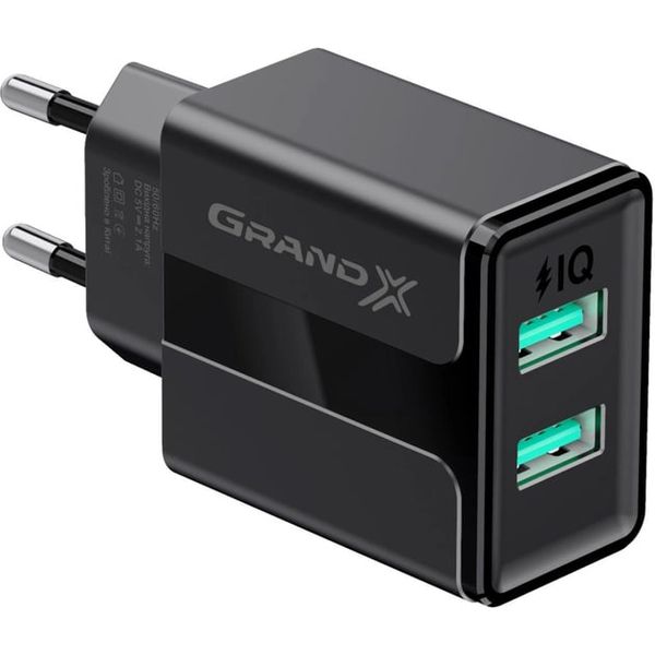 Мережевий зарядний пристрій Grand-X CH-15UMB (5V/2,1A + DC cable 2,4А USB -> Micro USB 1m) Black 414270 фото