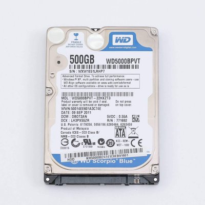 Жесткий диск HDD Western Digital 500GB 5400rpm 8Mb 2.5" SATA II WD5000BPVT-22HXZT3 409559 фото